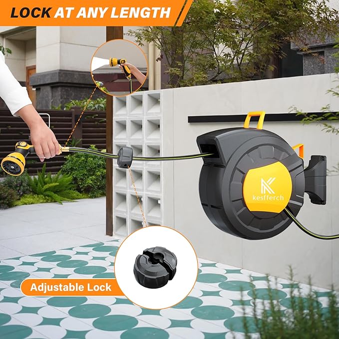 Retractable Garden Hose Reel, 1/2 Inch x 65 FT + 6 FT Compact Water Hose Reel Wall Mounted Garden Hose Reel with 10 Pattern Nozzles, Any Length Lock, Slow Rewind Storage, 180°Swivel Bracket
