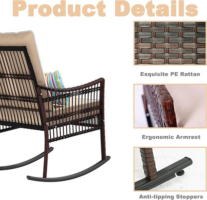 DECMICO 3 Pieces Patio Furniture Set, Wicker Rocking Chairs Bistro Set with Coffee Table, Outdoor Conversation Set for Garden and Balcony (Brown Rattan Beige Cushion)