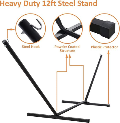 SUNCREAT Outdoor Hammock with Stand, Two Person Quilted Fabric Hammock Swing with 12ft Steel Stand, Red Stripes