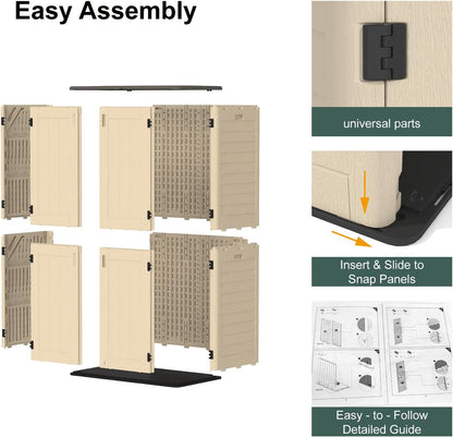 60 Cu.Ft Vertical Outdoor Storage Shed, All-Weather Resin Storage Cabinet Waterproof with Lockable Floor, Tall Backyard Shed for Patio Furniture, Garage, Garden, Pool Accessories, Porch (Khaki)