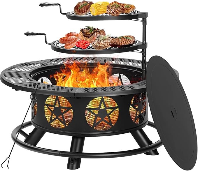 36 Inch Fire Pit with 2 Grills, Wood Burning Fire Pits for Outside with Lid & Poker, BBQ& Outdoor Firepit & Round Metal Table 3 in 1 for Patio, Picnic, Party