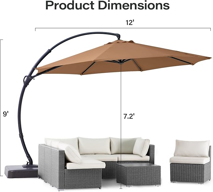LAUSAINT HOME Outdoor Patio Umbrella with Base included, 12 FT Deluxe Curvy Cantilever Umbrella Offset Hanging umbrella with 360° Rotation for Market, Pool, Garden, Backyard, Deck (Tan, 12 FT)