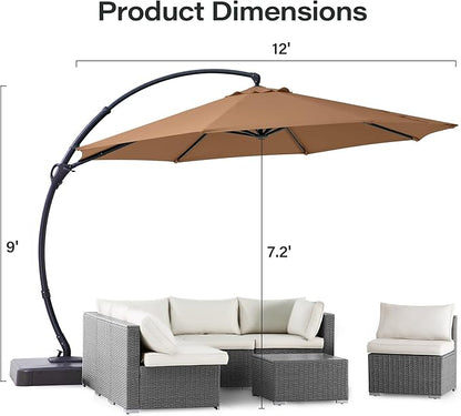 LAUSAINT HOME Outdoor Patio Umbrella with Base included, 12 FT Deluxe Curvy Cantilever Umbrella Offset Hanging umbrella with 360° Rotation for Market, Pool, Garden, Backyard, Deck (Tan, 12 FT)