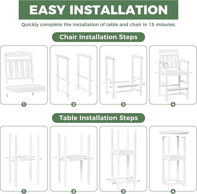 HDPE Outdoor Patio Bar Set with Bar Height Table and 2 Adirondack Chairs, All-Weather High Top Outside Round Pub Furniture for Bistro, Garden, Backyard, Deck | 3-Pieces, White