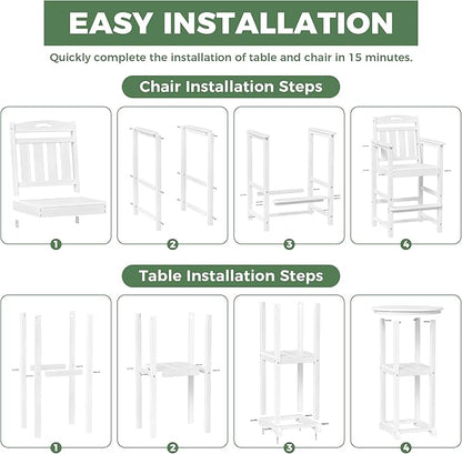 HDPE Outdoor Patio Bar Set with Bar Height Table and 2 Adirondack Chairs, All-Weather High Top Outside Round Pub Furniture for Bistro, Garden, Backyard, Deck | 3-Pieces, White