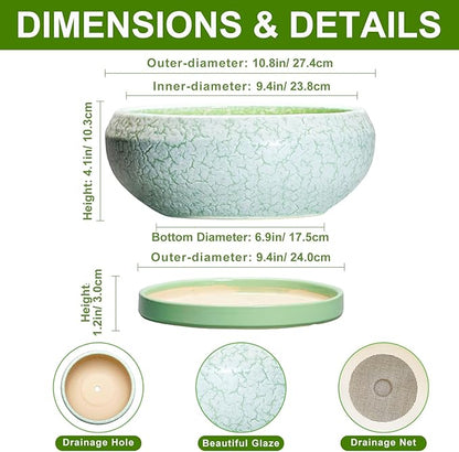 Bonsai Pots - 10 Inch Ceramic Succulent Pot with Drainage Hole and Plant Saucer, Succulent Planters for Indoor Outdoor, Round Planter Bowl, Shallow Planter, Home Decor, Gardening Gift, Green