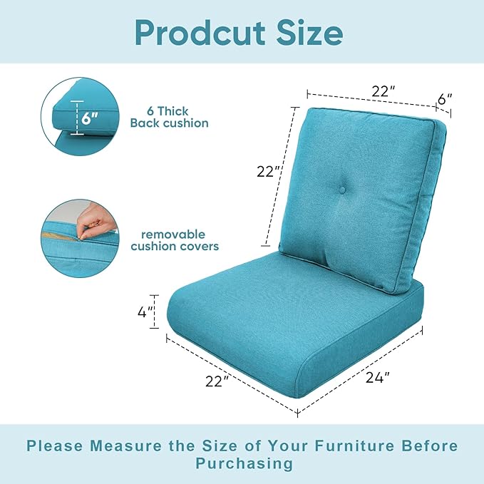 Patio Chair Cushions 6 Packs - Outside High Back Thick Replacement Cushion 22x24 with Zipper Cover for Outdoor Glider Rocking Chairs Loveseat 3-Seater Couch Sofa – Teal/Buckle
