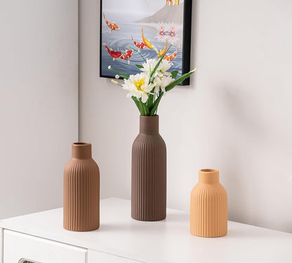 Ceramic Vase Set of 3, Flower Vases for Spring Room Decor, Kitchen Farmhouse, Modern Boho Style(Brown/Dark Brown/Orange)