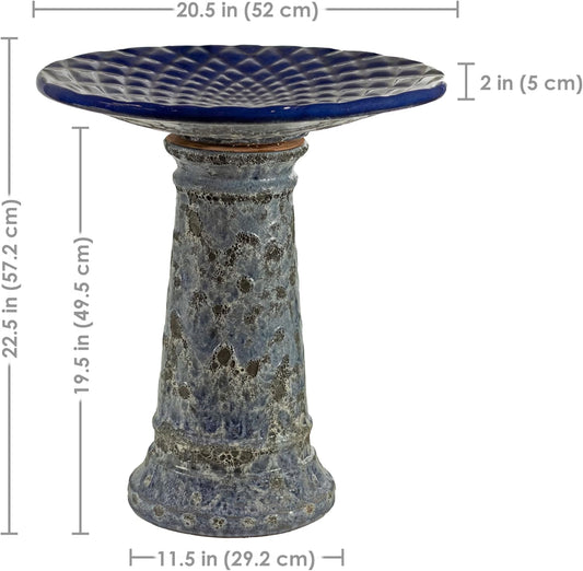 Sunnydaze Rennes Outdoor Ceramic Bird Bath - 22.5" H - UV- and Frost-Resistant - Glazed Bowl with Blue Lava Finish