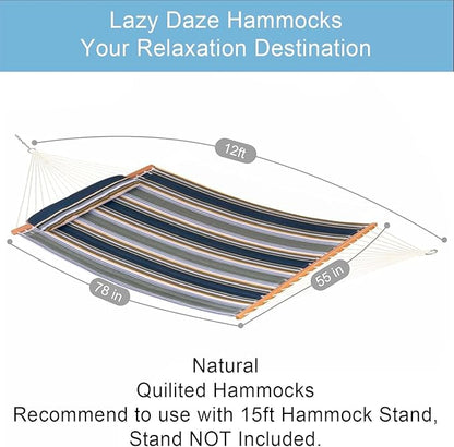 Lazy Daze Hammocks 12 FT Quilted Fabric Double Hammock with Spreader Bars and Detachable Pillow, 450lbs Weight Capacity