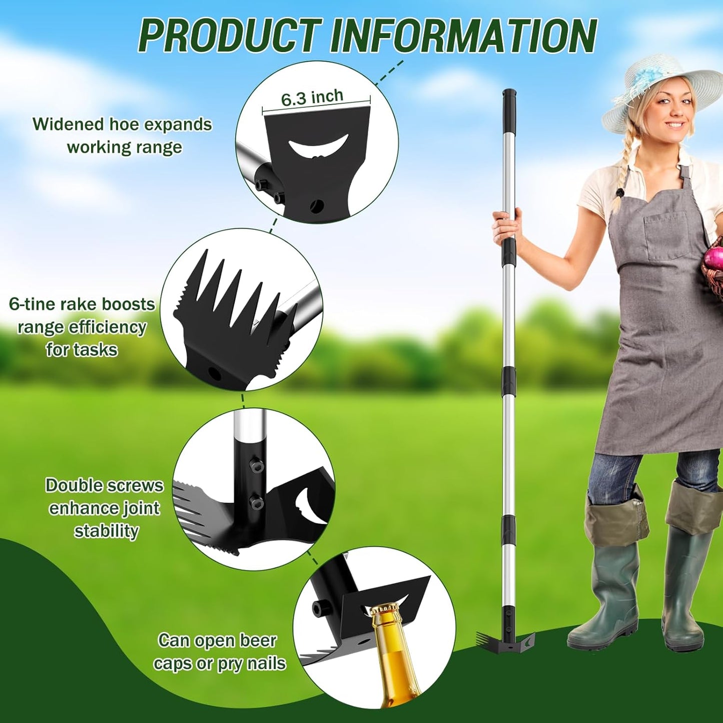 Long Handle Weed Puller Tool – 2-in-1 Handle Garden Hoe and Weed Rake, Hoe Garden Tool for Home Gardens, Lawns, and Yards