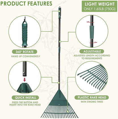 ORIENTOOLS Garden, Adjustable Lightweight Steel Poly Shrub Rake, Plastic Head, 22 Tines, 42 to 60 inches (Black Handle)