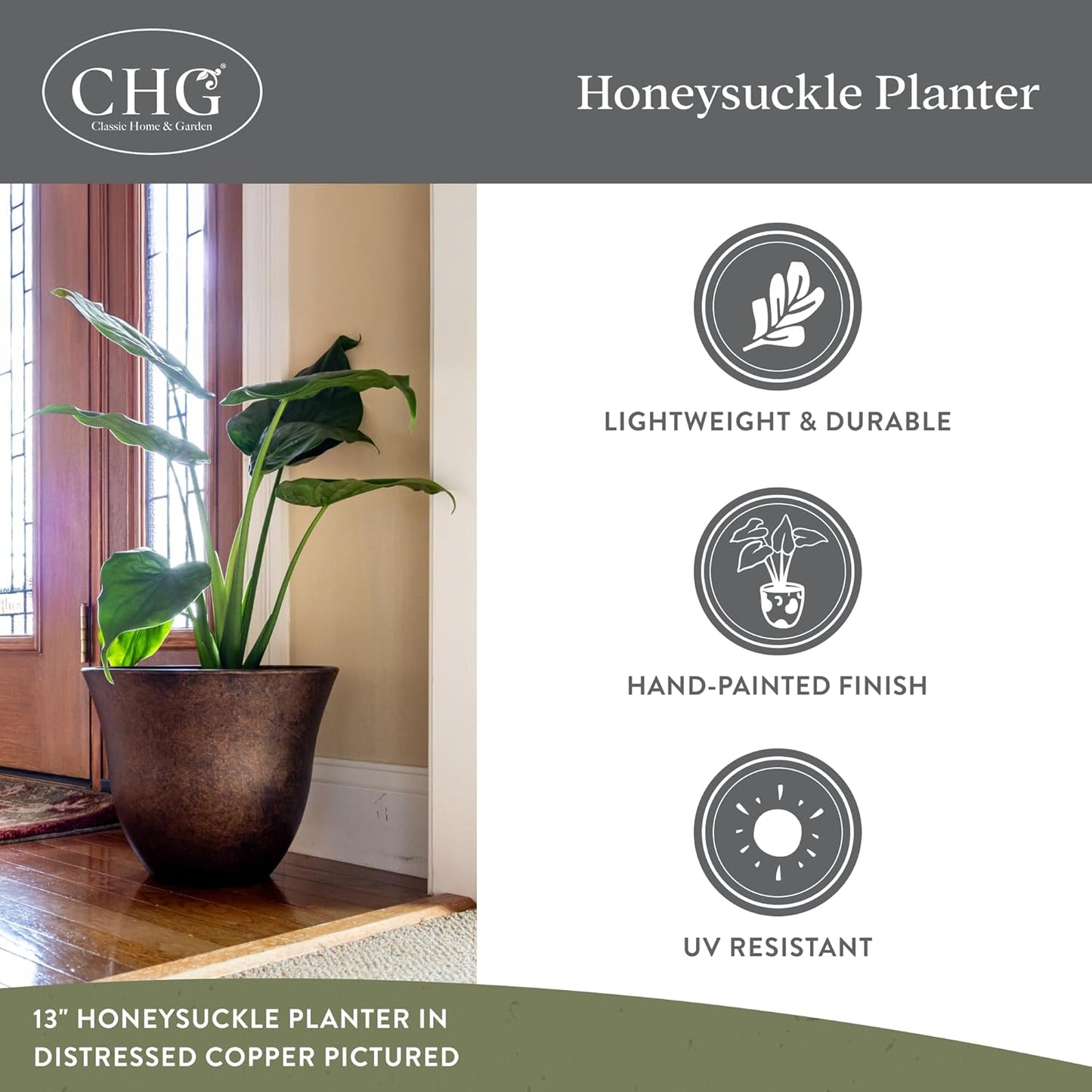 Classic Home and Garden Honeysuckle Resin Planters - Lightweight Indoor & Outdoor Plant Pots - UV-Resistant Plastic Flower Pots - Pot Planters for Flowers & Herbs (15" Fossil)