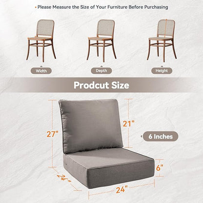 Luxury 6" Outdoor Cushions for Patio Furniture, 24x24x6" Thick Seat Cushion Set of 4, Fade Resistant Couch Chair Replacement Cushions High Density Deep Wicker Chair Cushion w/ Removable Cover Gray