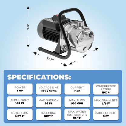 XtremepowerUS 1HP Portable Shallow Well Pump Water Transfer Pump 930GPH Pressure Booster Pump Irrigation Lawn Farm Water Removal