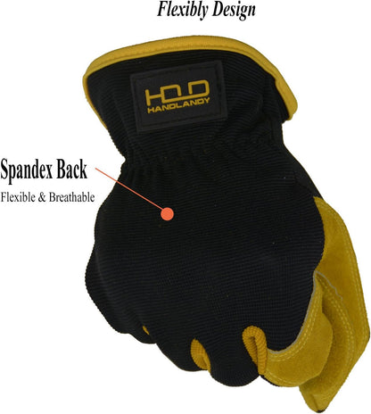 HANDLANDY Leather Work Gloves for Men & Women, Reinforced Durable Garden Gloves, Cowhide Working Glove for Gardening