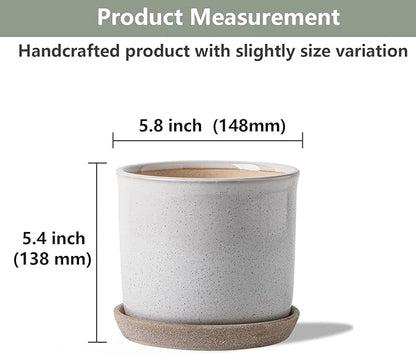 5.8 Inch Plant Pot: Ceramic Planter with Drainage Hole & Saucer - Cylinder Round Flowerpot for Indoor & Outdoor Plants - with Separate Tray for Home & Office - Retro Style, Grey