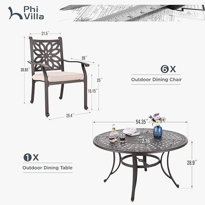 PHI VILLA Patio Dining Set for 6 Person, 7 Piece Cast Aluminum Outdoor Table Chair Set with 54" Dia Cast-Top Aluminum Table(2.1" Umbrella Hole) and 6 Extra Wide Dining Chairs with Seat Cushions