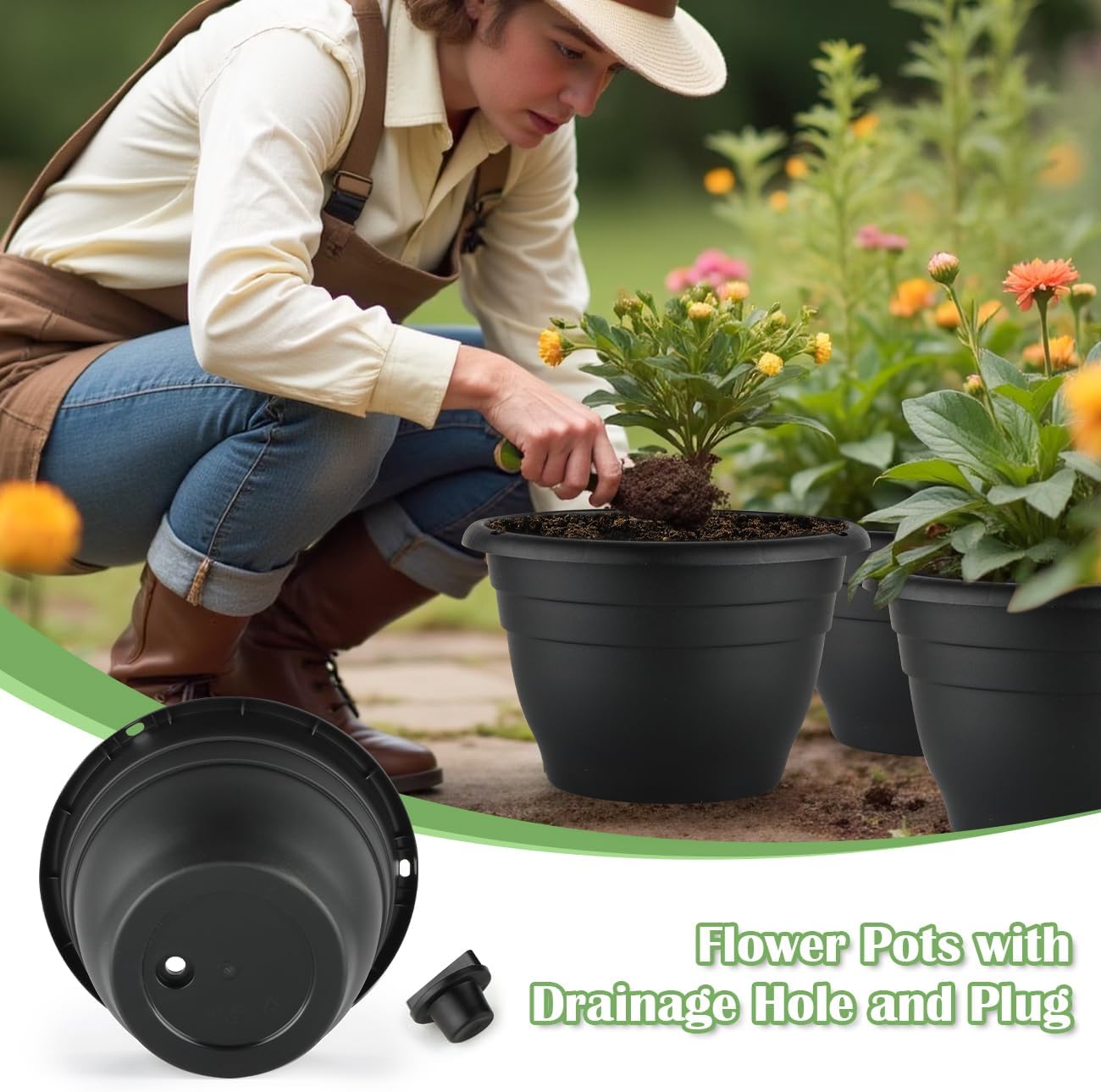 Plant Pots Indoor with Drainage, 3 Pack 11 Inch Plastic Pots for Plants（10 inch Inner Diameter）, Durable Plastic Flower Pots, Planters for Indoor Ourdoor Plants, Black