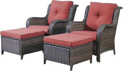 Rilyson Outdoor Patio Furniture Chairs Set - 4 Piece Wicker Rattan Patio Sectional Conversation Sets with 2 Chairs and 2 Ottomans for Porch Deck Balcony Garden(Brown/Red)