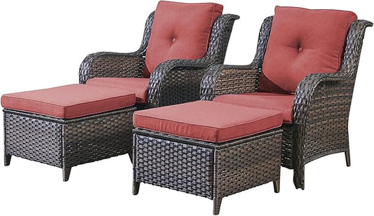 Rilyson Outdoor Patio Furniture Chairs Set - 4 Piece Wicker Rattan Patio Sectional Conversation Sets with 2 Chairs and 2 Ottomans for Porch Deck Balcony Garden(Brown/Red)