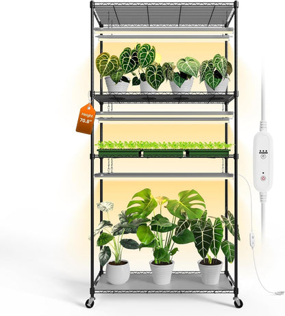 Plant Shelf with Grow Light with Timer, Tall Plant Stand with Adjustable Rack and Wheels, 6 Pack T5 3FT Full Spectrum Grow Lights for Indoor Plants, Seed Starting, Seed Tray, 35.4"x13.8"x70.8"
