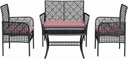 4-Piece Patio Furniture Set, Weather-Resistant Rattan Patio Conversation Set with Two-Tier Coffee Table, Upholstered Openwork Wicker Furniture for Porch, Garden, Lawn, Red