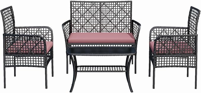 4-Piece Patio Furniture Set, Weather-Resistant Rattan Patio Conversation Set with Two-Tier Coffee Table, Upholstered Openwork Wicker Furniture for Porch, Garden, Lawn, Red