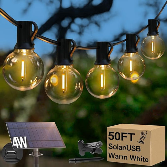50FT Solar String Lights, Waterproof LED Outdoor String Lights, G40 Globe Patio Lights Solar Powered with 27 Shatterproof E12 Bulbs, 2700K Solar Lights for Outside Porch Garden Backyard Party Decor