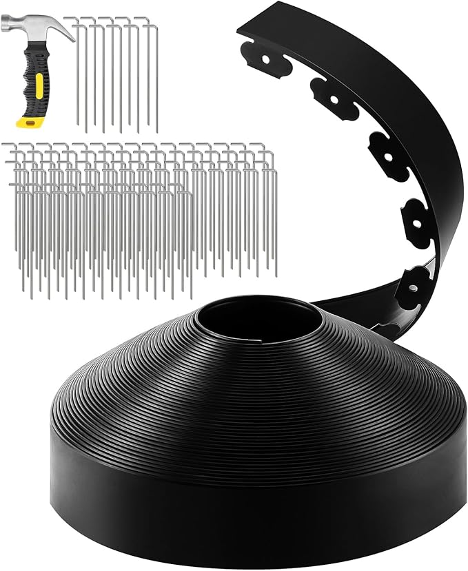 GROWNEER 100FT Landscape Edging Flexible 4 inch Tall Garden Border with 90pcs Galvanized Steel Anchoring Spikes and Hammer Lawn Edging Kit for Flower Bed, Pathway, Landscaping Project, Black