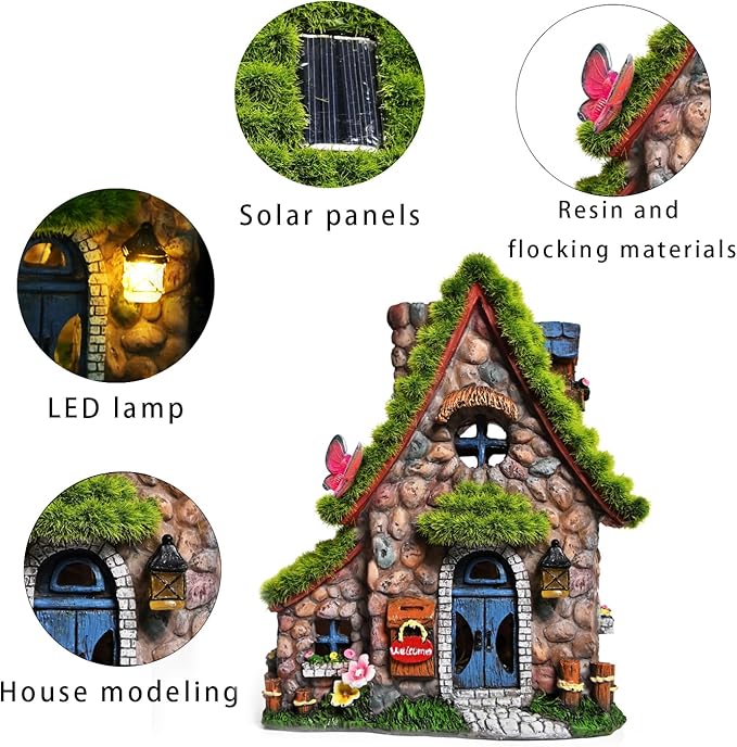ASAWASA Resin Fairy House Statues with Solar Powered Lights, Funny Garden Sculptures with Flocked and Cobblestone Decor, Exquisite Garden Cottage Figurines