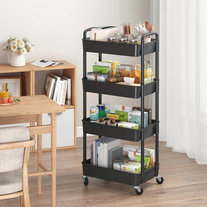 Sywhitta 4-Tier Plastic Rolling Utility Cart with Handle, Multi-Functional Storage Trolley for Office, Living Room, Kitchen, Movable Storage Organizer with Wheels, Black