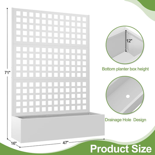 Metal Raised Garden Bed, Trellis Planters Bed with Drainage Holes for Climbing Plants, Vegetables Outdoor Privacy Screen with Planter Box 73"x47"x16", White
