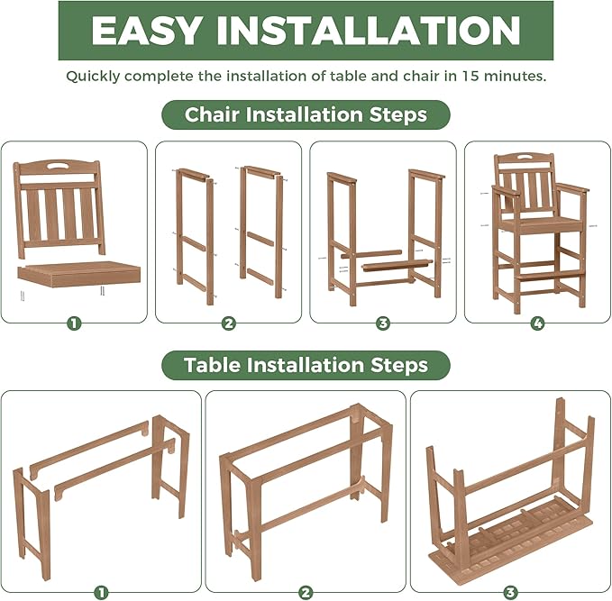 HDPE Outdoor Patio Bar Set with High Top Table and 2 Adirondack Chairs, All-Weather Bar Height Outside Rectangular Pub Furniture for Bistro, Garden, Backyard, Deck | 3-Pieces, Teak