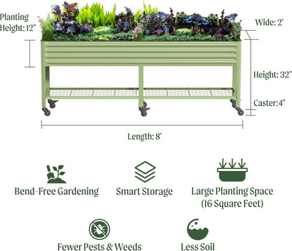 Rolling Elevated Raised Garden Bed-V Series, 2' x 8' Garden Beds with Legs & Storage Rack for Patio & Porch, 1400 Lbs Weight Capacity, Outdoor Planter Box for Vegetables Flower Herbs, Modern Gray