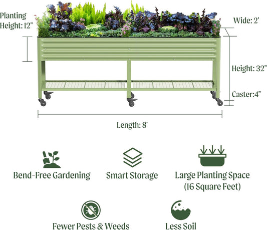 Rolling Elevated Raised Garden Bed-V Series, 2' x 8' Garden Beds with Legs & Storage Rack for Patio & Porch, 1400 Lbs Weight Capacity, Outdoor Planter Box for Vegetables Flower Herbs, Pearl White