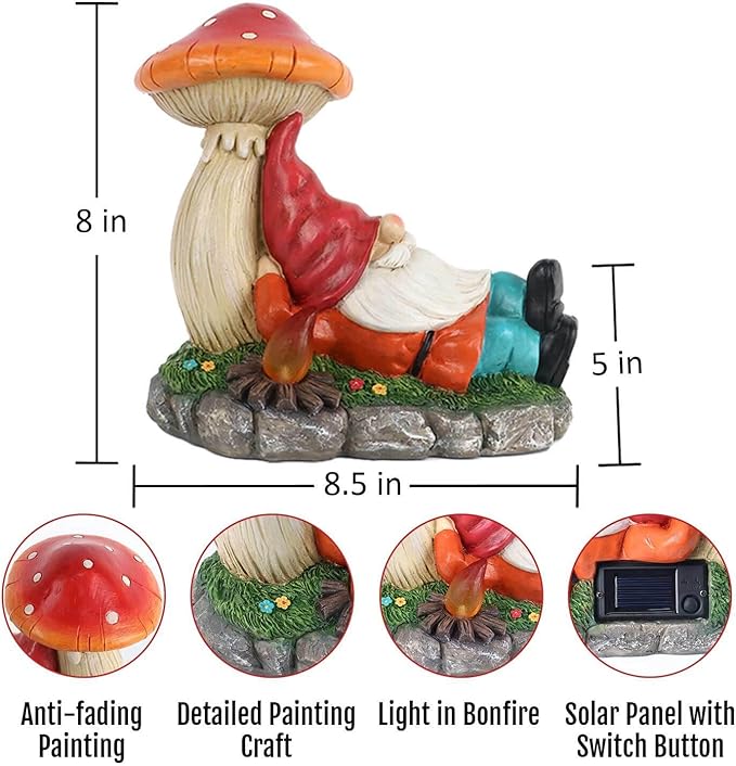 Solar Garden Gnomes Statues with Mushroom, Cute Funny Solar Powered Gnome Décor for Outdoor, Yard, or Patio as for Women Mom 8.5 Inch