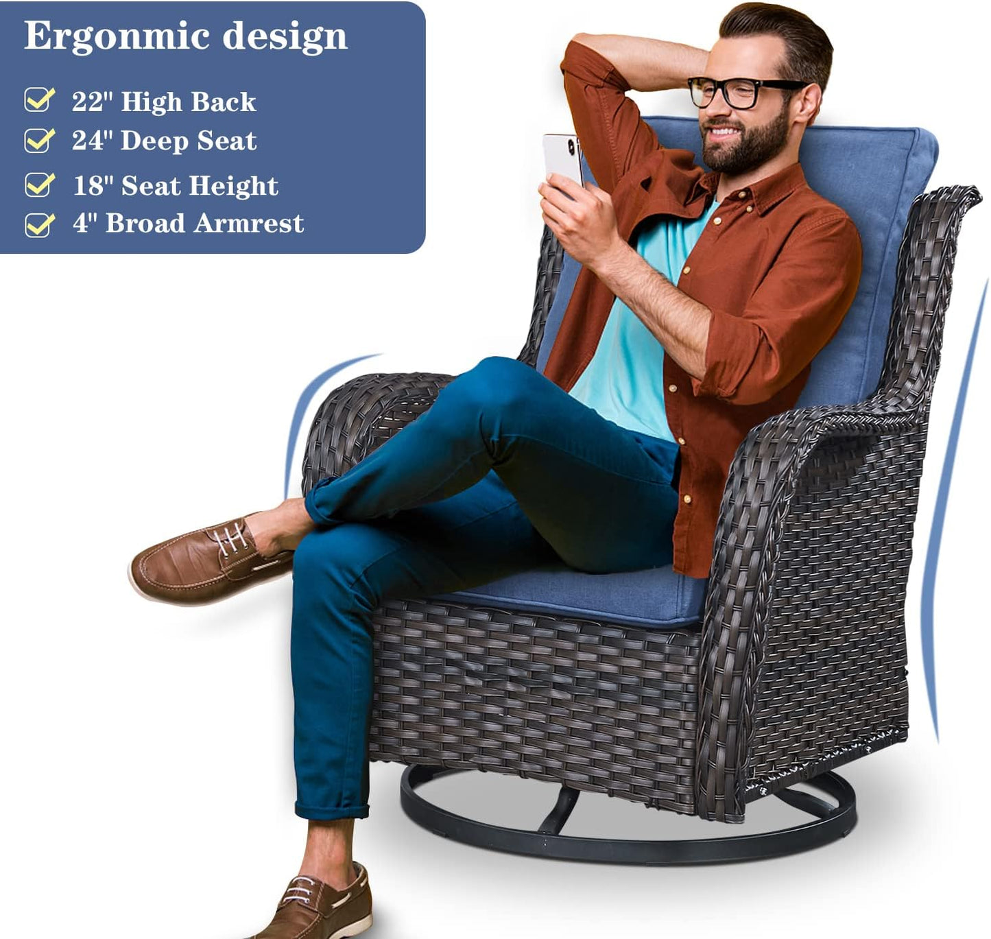 Outdoor Swivel Rcoker Patio Chairs - Outdoor Swivel Patio Chairs Set of 2 Wicker Chair Patio Furniture Sets with Covered Cushion for Porch Deck Balcony Garden, Blue