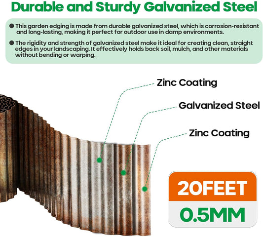 Corrugated Metal Garden Edging, Sturdy Tall Landscape Edging Borders, Perfect DIY for Flower Beds, Lawn and Pathway,Tree Surrounds,Paver Edges (Pre-Rusted, 10"×20FT)