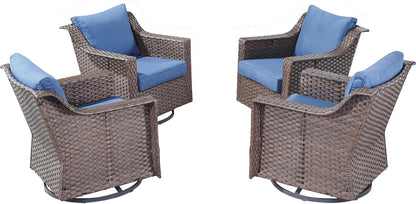 Outdoor Patio Wicker Swivel Chairs - Set of 4 Outside Rattan Rocker Glider Chair Rocking Armchairs for Front Porch Balcony Backyard Yard Deck Poolside Apartment – Brown/Blue