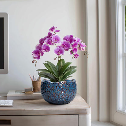 8 Inch Plant Pot - Ceramic Planter for Indoor Outdoor Plants, Round Unique Plant Pots with Drainage Hole, Modern Decorative Flower Pots, Home Decor, Gifts for Plants Lovers, Retro Blue