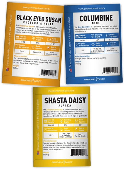 Gardeners Basics, Perennial Flower Seeds for Planting Outdoors (5 Variety Pack) Lupine, Columbine, Echinacea Purple Coneflower, Black Eyed Susan, Shasta Daisy for Pollinators Wildflower Seed