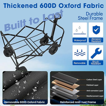 Wagons Carts Foldable, Collapsible Wagon with All-Terrain Wheels 420lbs Weight Capacity Heavy Duty Utility Wagon with Drink Holders for Beach, Garden, Camping, Shopping Groceries, Sports