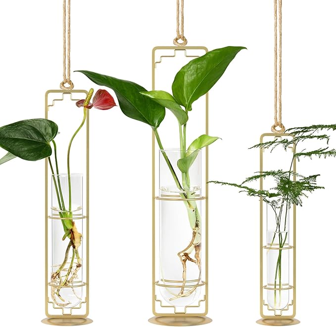 MIPON Plant Propagation Stations,Hanging Glass Propagation Test Tube Vases for Plants with Gold Metal Stand for Hydroponic Cutting Home Garden Office Decor-Gold