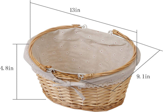 KINJOEK 2 Packs Wicker Woven Basket, 13" x 9" x 4.8" Multipurpose Natural Willow Basket with Handle Premium Linen Cotton Cloth Lining for Storage and Decoration, Natural