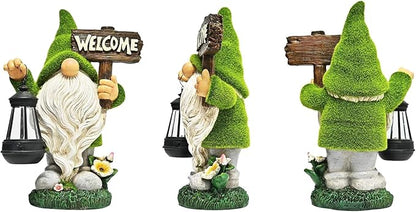 Garden Gnome Statue Outdoor Decor Large Flocked Resin Gnome Figurine with Solar Light Holding Lantern Welcome Sign Garden Yard Decorations Dwarf Sculpture for Outside Patio Porch Lawn Decor.