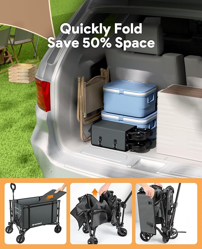 Collapsible Wagon Cart with Wheels 220lbs Foldable Wagon 120L Shopping Cart for Groceries Folding Utility Wagon for Beach, Garden, Camping, Sport, Apartment, Wheelbarrows, Gray