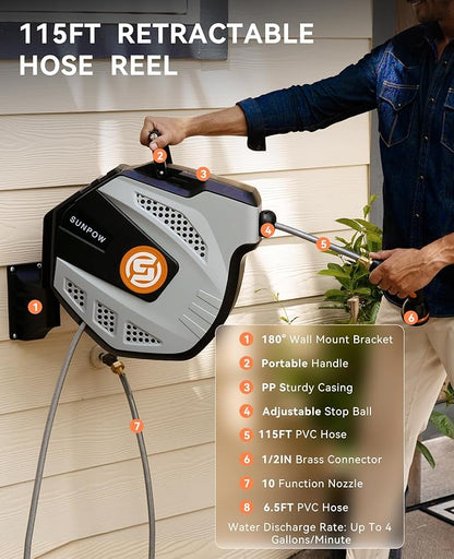 SUNPOW Retractable Garden Hose Reel - 1/2 inch x 115ft Wall Mounted Hose Reel with 3/4 inch Brass Fitting & 10 Function Sprayer Nozzle - Any Length Lock, Auto Rewind System, 180°Swivel Bracket- Grey