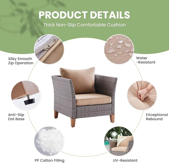 Soohow 5-Piece Patio Furniture Set, Outdoor Furniture with Coffee Table, Loveseat & 2 Single Chairs, 4-Inch Thickened Cushions with Water/Oil/Stain-Resistant Fabric (Beige Cushion + Gray Wicker)