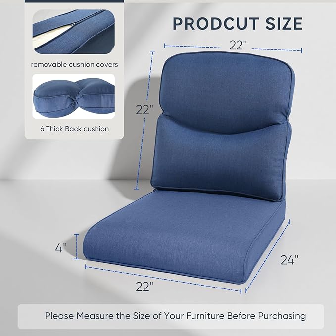Patio Chair Cushions 4 Packs - Outside High Back Thick Water-Resistant Cushion 22x24 with Zipper Cover for Outdoor Glider Rocking Chairs Loveseat Couch – Blue/Crescent
